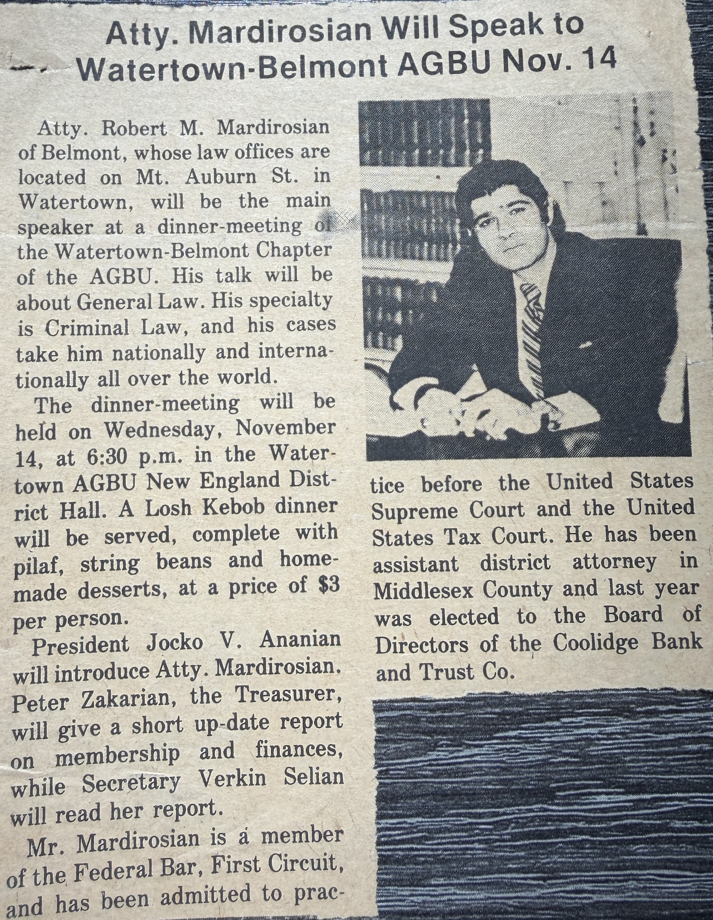 Atty. Mardirosian Will Speak to Watertown-Belmont AGBU Nov. 14