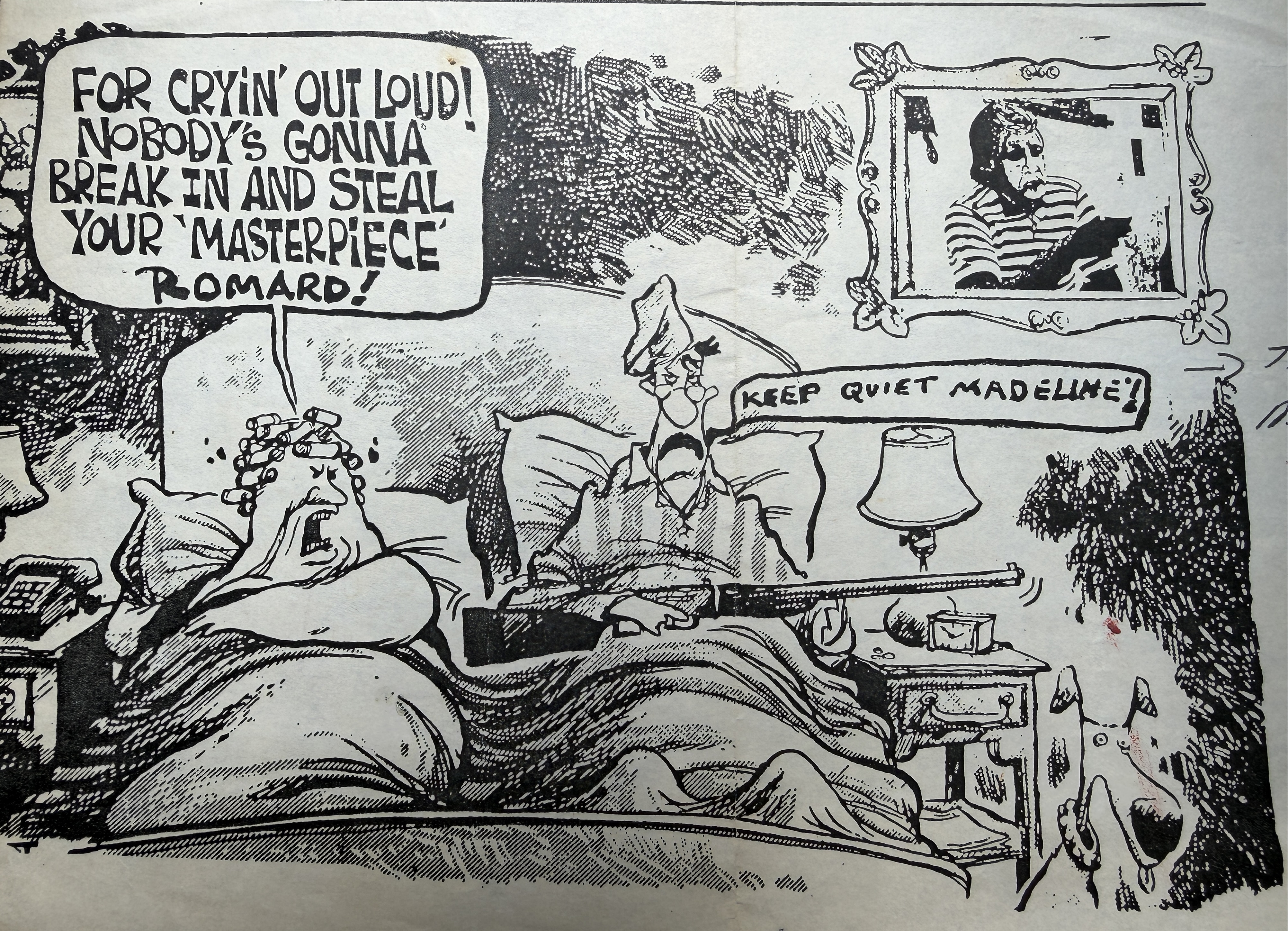 Romard cartoon — guarding his self-portrait
