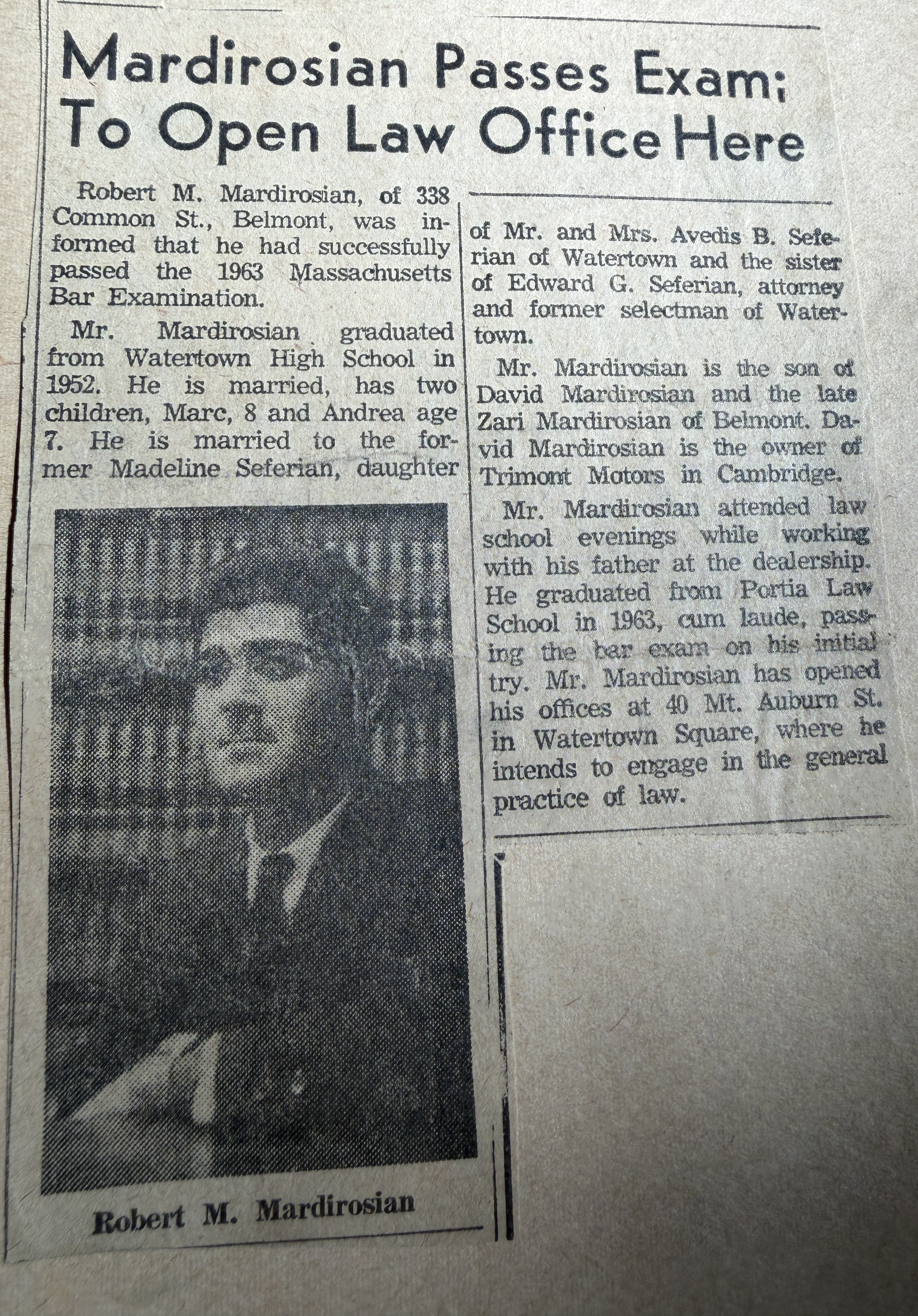 Mardirosian Passes Exam; To Open Law Office Here
