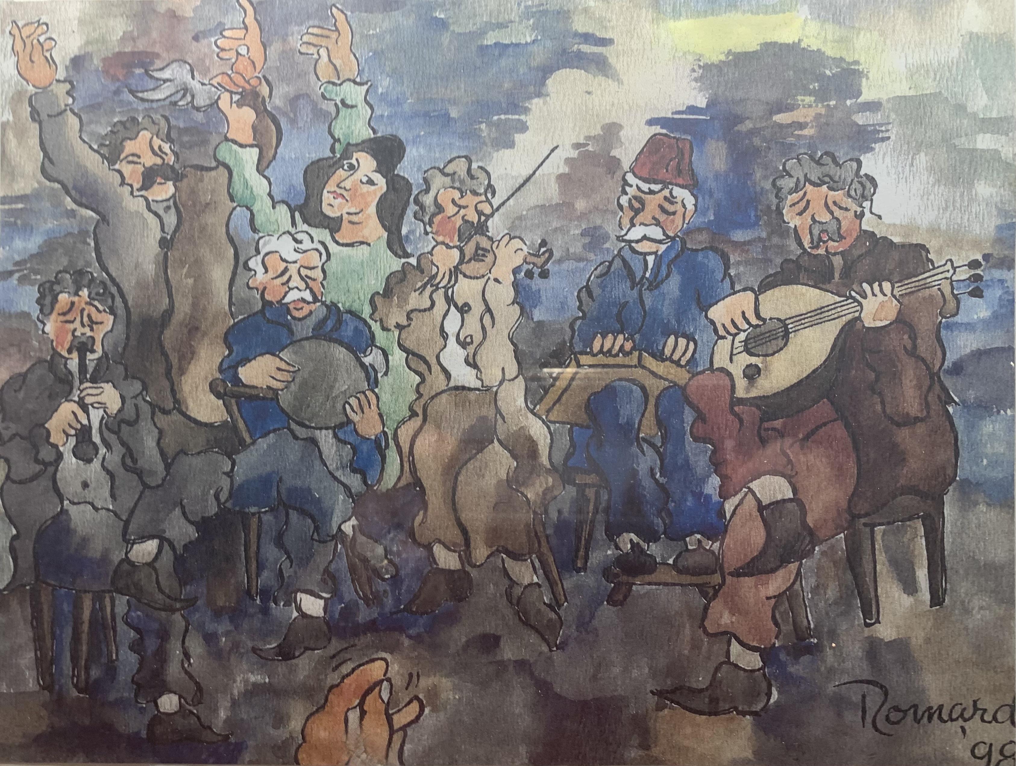 Romard watercolor of musicians